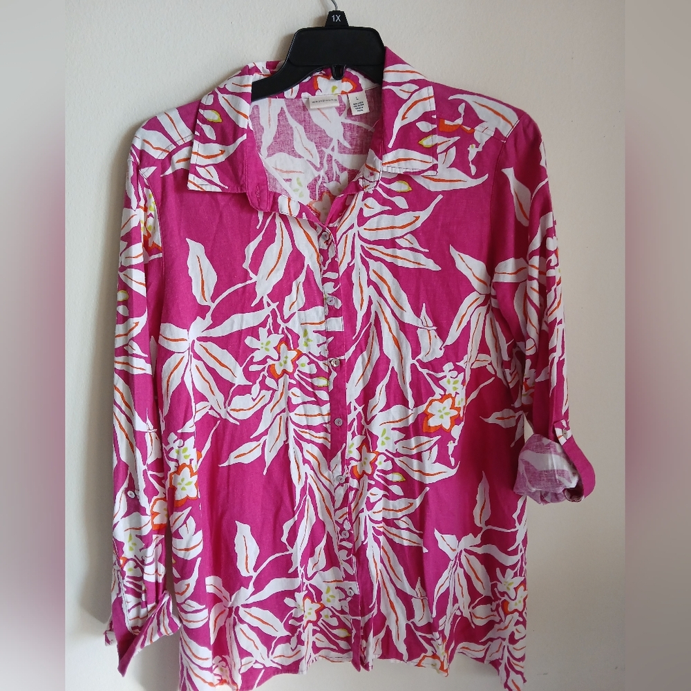 Westbound Linen Blend Top Button Front Floral Size Large
